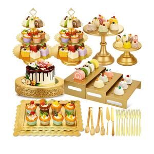 Audab Gold Metal Dessert Stand Set Cake Cupcake Tower Tray Riser Tongs for We...